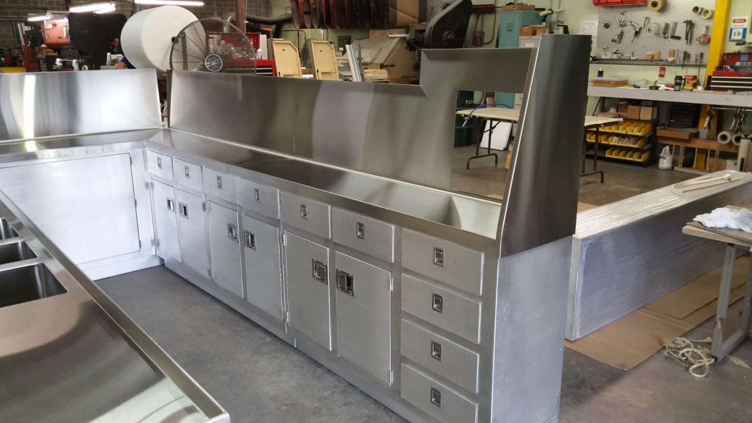 Stainless steel cabinets and work surface under fabrication